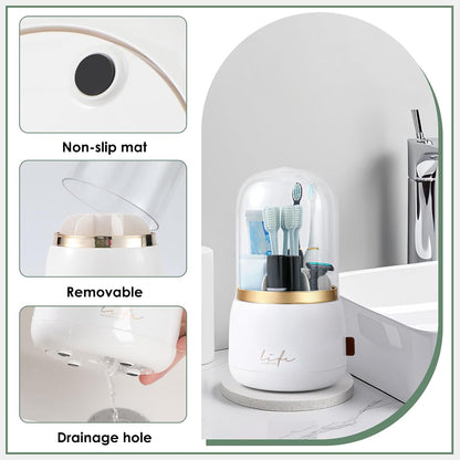Toothbrush Holders, Toothbrush Holders for Bathrooms, Makeup Brush Holder | Toothbrush and Toothpaste Holder, Rotatable Toothbrush Holder with Transparent Dust Cover, Multi Drainage Vent Holes