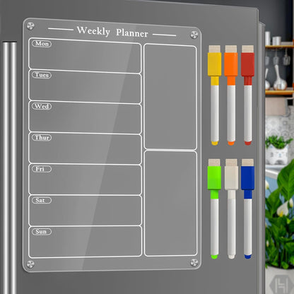 JonXon 8"x12" Acrylic Magnetic Dry Erase Board for Fridge, Clear Acrylic Magnet Calendar for Refrigerator,Includes 6 Dry Erase Markers(Clear Blank)