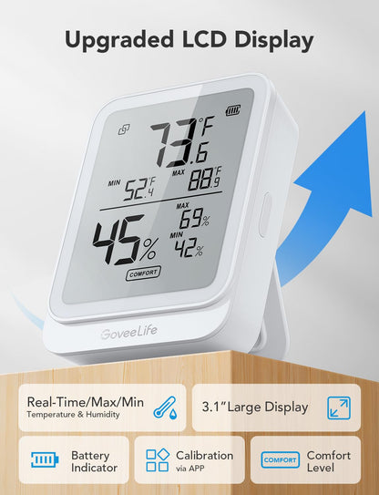 GoveeLife Bluetooth Hygrometer Thermometer H5104, LCD Digital White 2-Pack | Indoor temperature monitor with APP alert & 2-yr data storage export, humidity meter for greenhouse/wine cellar/bedroom