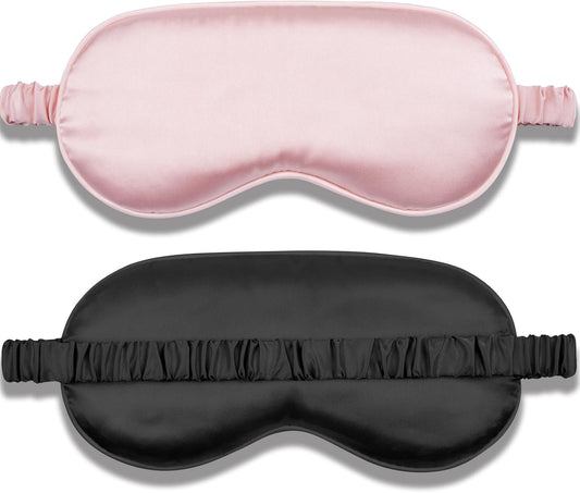 Amrules Sleep Mask Set of 2, Adjustable Silk Eye Mask for Sleeping, Soft Sleeping Eye Shade Cover for Women, Good for Blocking Light, Reducing Puffiness, Enhancing Sleep Quality (Blush Pink & Black)
