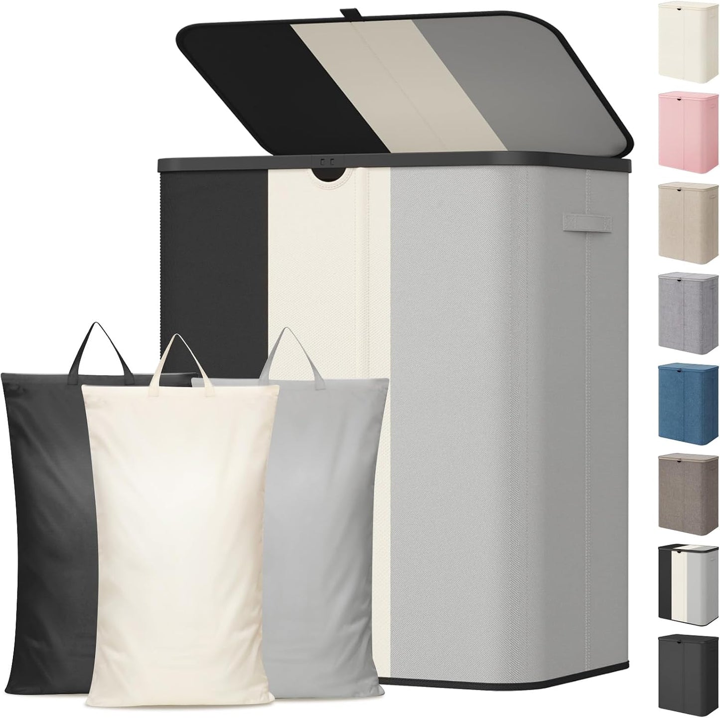 Lifewit 185L 3 Section Laundry Hamper with Lid, Laundry Basket, Beige | Large Foldable Laundry Sorter with 3 Removable Bags, Tall Clothes Hamper for Bedroom and Bathroom