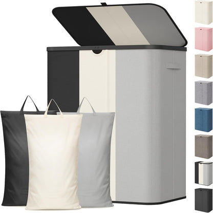 Lifewit 185L 3 Section Laundry Hamper with Lid, Laundry Basket, Beige | Large Foldable Laundry Sorter with 3 Removable Bags, Tall Clothes Hamper for Bedroom and Bathroom