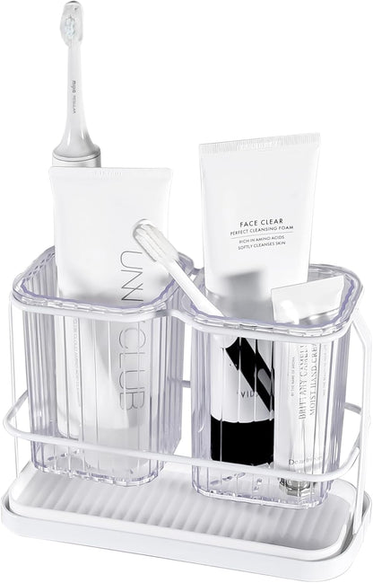 Clear Toothbrush Holders for Bathroom, 2 Cups Wall Mounted, Dry & Wet Separation, Organizers and Storage Set for Family Kids