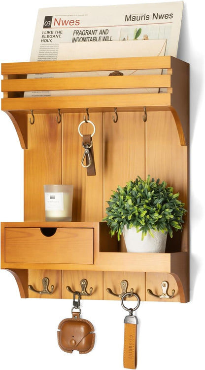Rebee Vision Key Holder Wall Mount with Drawer Organizer for Entryway,Brown | Pine Wood, 6 Key Hooks, Display Shelf for Plants, Mail Slot for Storage Letter, Multi-Funtional Design, Home Storage