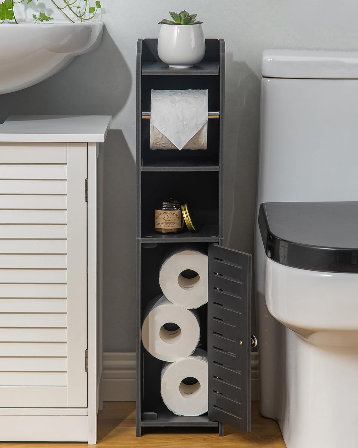 AOJEZOR Toilet Paper Holder Stand: Small Space Bathroom Storage for Renters
