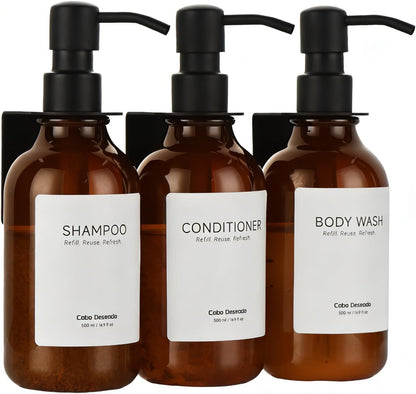 Shampoo and Conditioner Dispenser - Shower Soap Dispenser 3 Chamber No Drill - Bathroom Soap Dispenser Wall Mount Adhesive - Clear PET Bottles with Nature Bamboo Pumps Set Refillable 1500ml