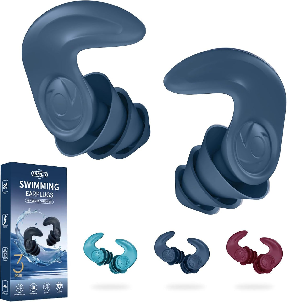 Waterproof Swimming Ear Plugs for Adults Kids, 3 Pairs Soft Silicone
