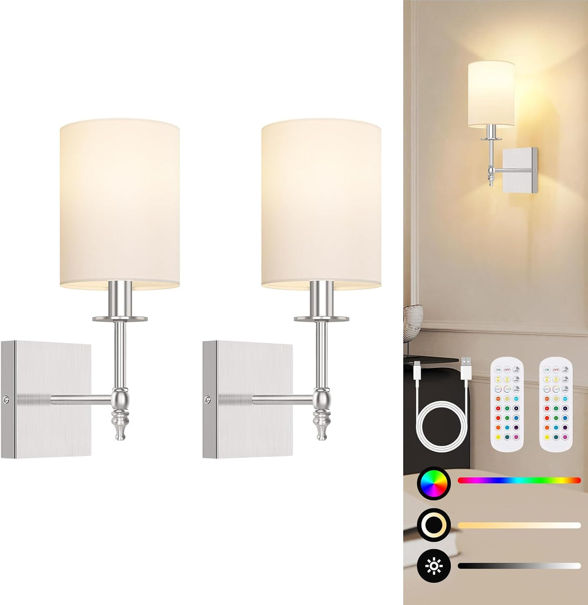 Battery Operated Wall Sconces Set of 2, Rechargeable Sconces with Remote