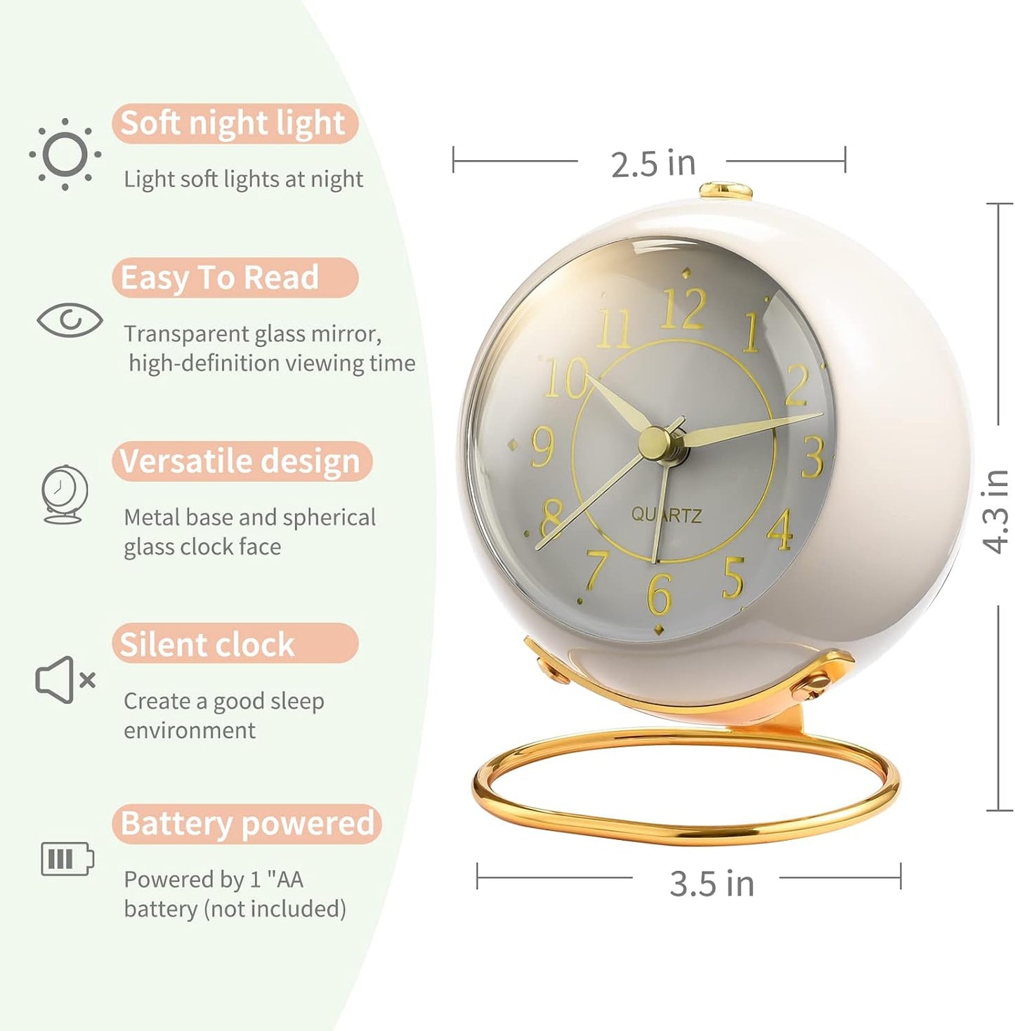 Tetino Analog Alarm Clocks,Retro Backlight Cute Simple Design Small Desk Clock with Night Light,Silent Non-Ticking,Battery Powered,for Decor,Bedrooms,Travel,Kitchen,Bedside Desktop.(White)