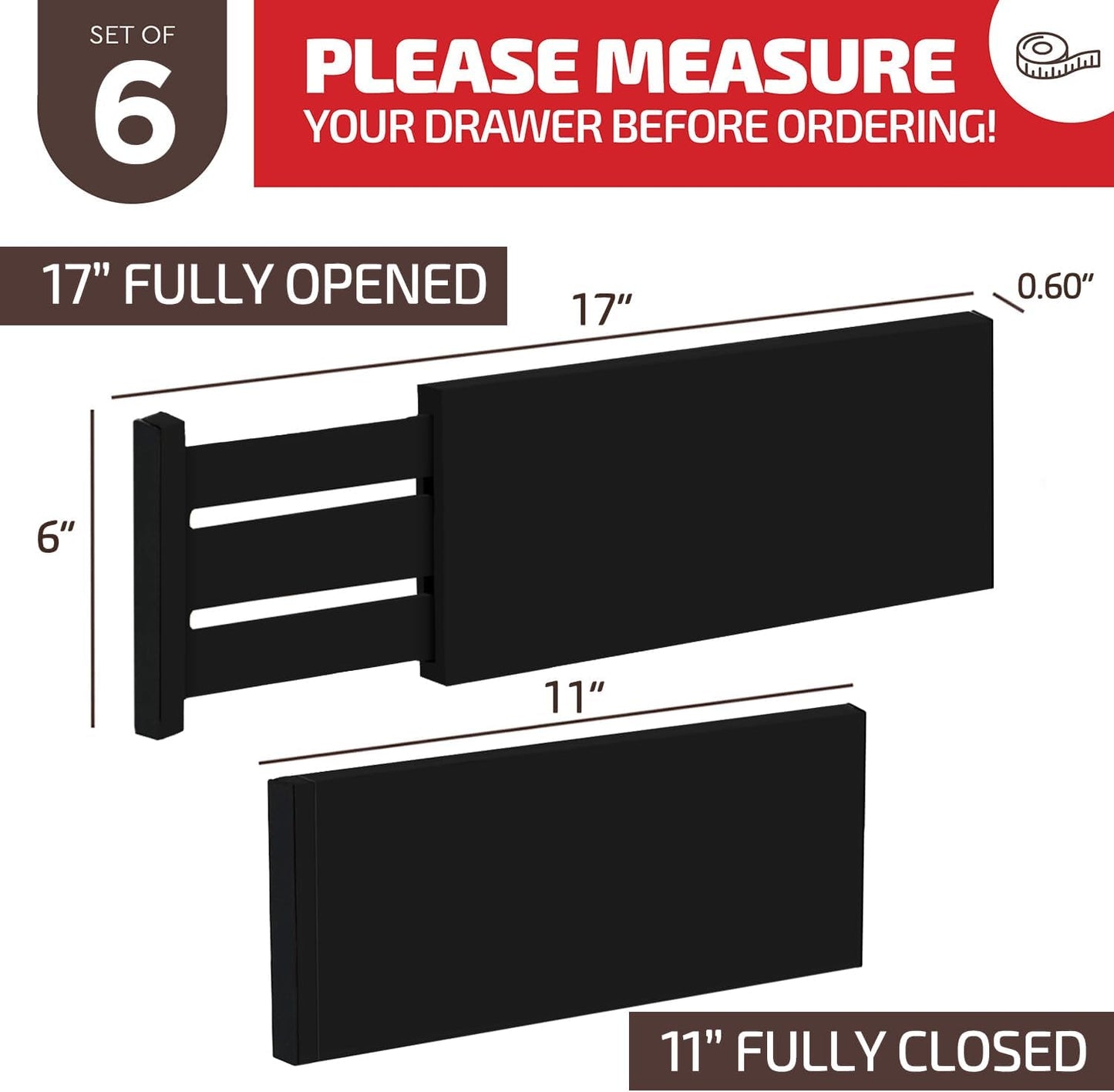 6-Pack Deep Drawer Dividers 4-Inch High Dresser Drawer Organizer, Bamboo | Adjustable 11.5-17 Inch Spring-Loaded Separators for Clothes, Utensils, Socks, Bedroom, Bathroom, Kitchen, Office, No Tools