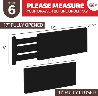 6-Pack Deep Drawer Dividers 4-Inch High Dresser Drawer Organizer, Bamboo | Adjustable 11.5-17 Inch Spring-Loaded Separators for Clothes, Utensils, Socks, Bedroom, Bathroom, Kitchen, Office, No Tools