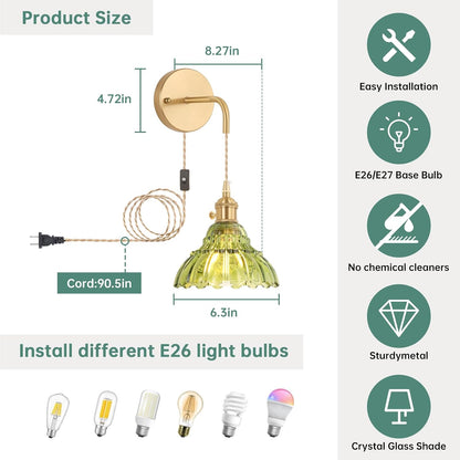 Shenmoyl Battery Operated Wall Sconce Wall Lamp with Green Lily of the Valley Shade Pattern Glass Adjustable Chain Retro Gold Wall Mounted Light, Modern Wall Lamp Fixtures Decor for Bedside Bedroom