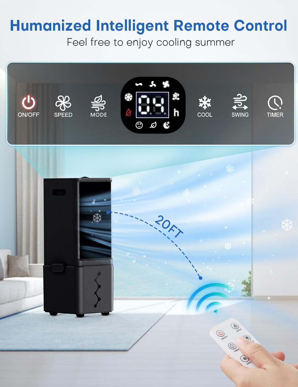 Portable Air Conditioners 4 Modes&3 Speeds,4 Ice Packs, Waterless Alert System, 12H Timer, Remote,1 Gal Detachable Water Tank, 70°Oscillation Windowless Evaporative Air Cooler for Room Office