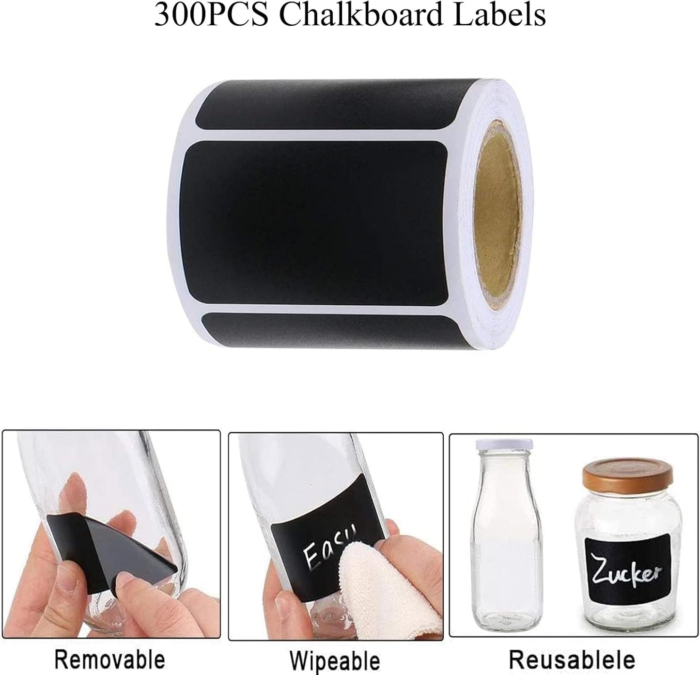 Chalkboard Labels, 300PCS Waterproof Blackboard Reusable Chalk Sticker Label, Removable Pantry Labels Rectangle for Storage Bins, Mason Jars, Food Containers, Office