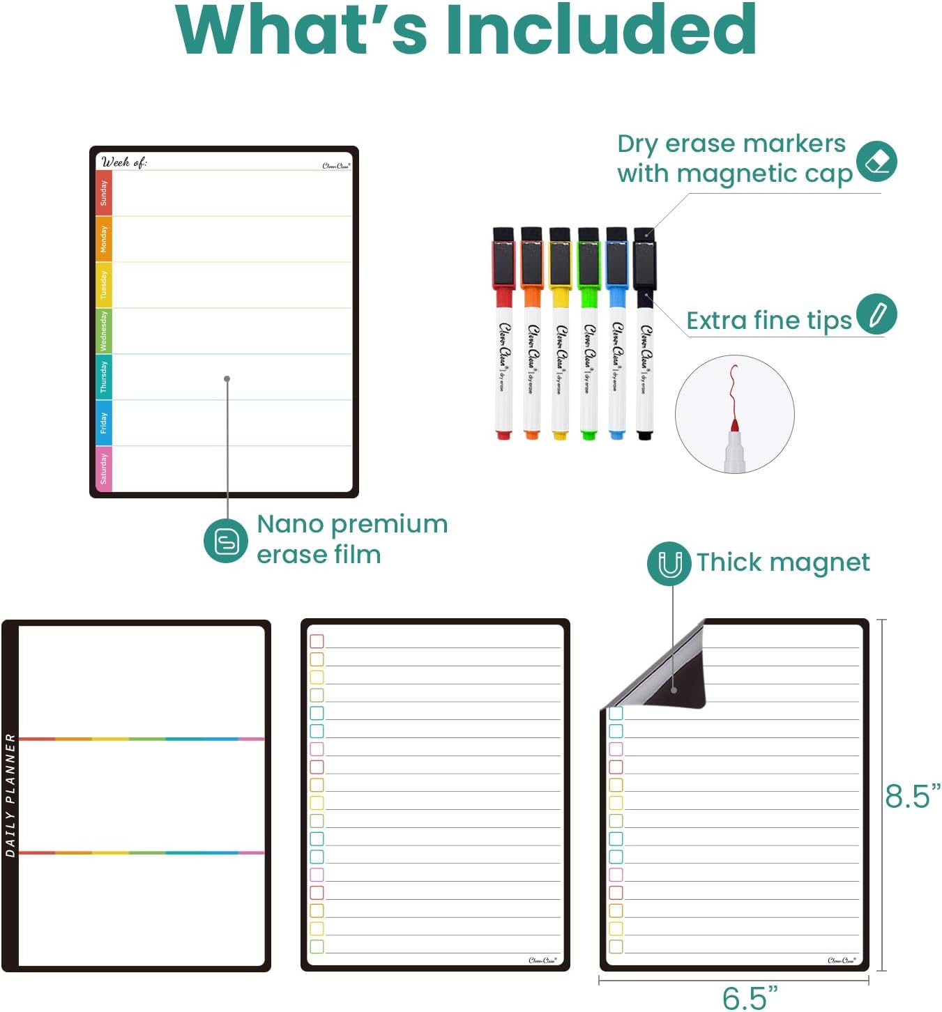 Magnetic Dry Erase Weekly Calendar for Fridge - Large 17"x12" Magnetic Weekly Planning Board with Hourly Time Slots - 6 Extra Fine Point Markers Included