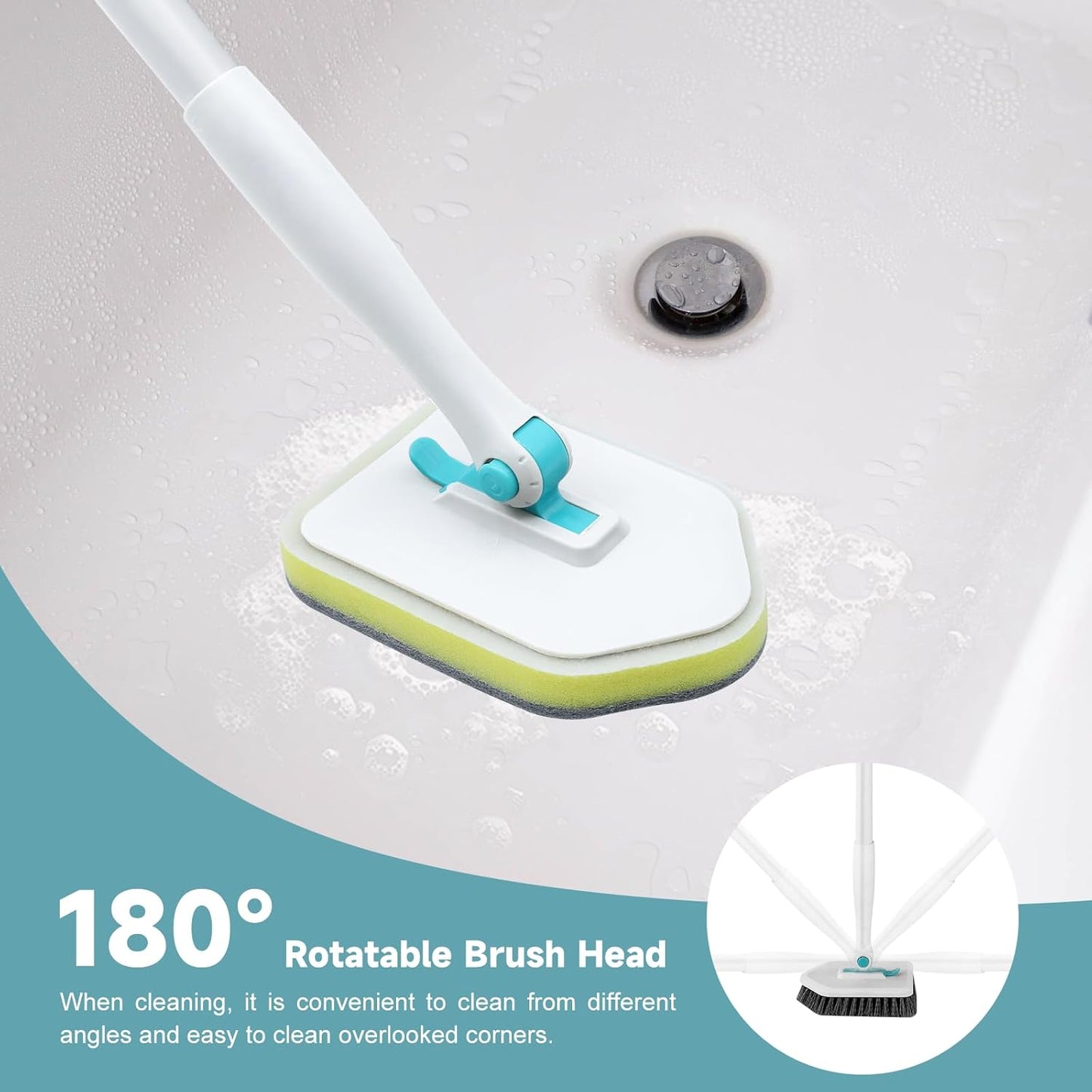 nacena Shower Scrubber with Long Handle, 4 in 1 Tile Tub Scrubber Brush with 3 Detachable Cleaning Heads and V-Shaped Grout Brush Shower Cleaner Brush for Bathroom Kitchen Toilet Tub Sink Wall, Black