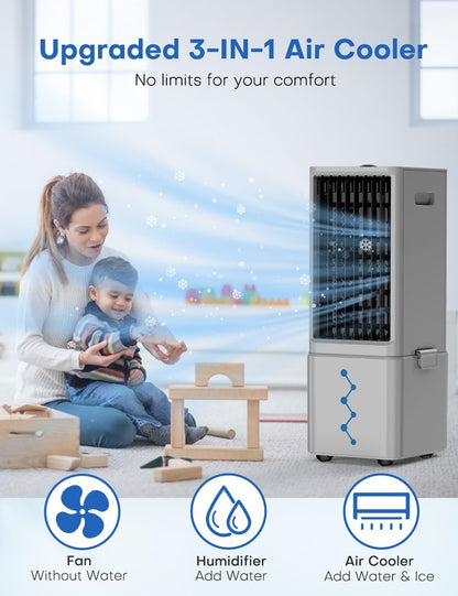 Portable Air Conditioners 4 Modes&3 Speeds,4 Ice Packs, Waterless Alert System, 12H Timer, Remote,1 Gal Detachable Water Tank, 70°Oscillation Windowless Evaporative Air Cooler for Room Office