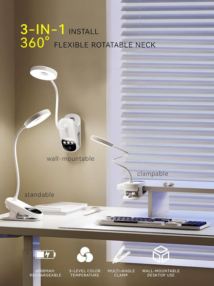Clip On Desk Lamp Wireless 6000mAh Rechargeable LED Reading Light 3 Colors | Clip-On Light Works As Desk Lamp, Bed Headboard Light, Dorm Study Lamp And Book Light; Fits Home, Office,Camping & More