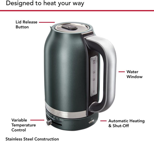 KitchenAid 1.7L Electric Kettle, Temp Control KEK1701, Juniper | Automatic Shut Off After Boiling, Variable Temperature Control, Removable and Washable LimeScale Filter