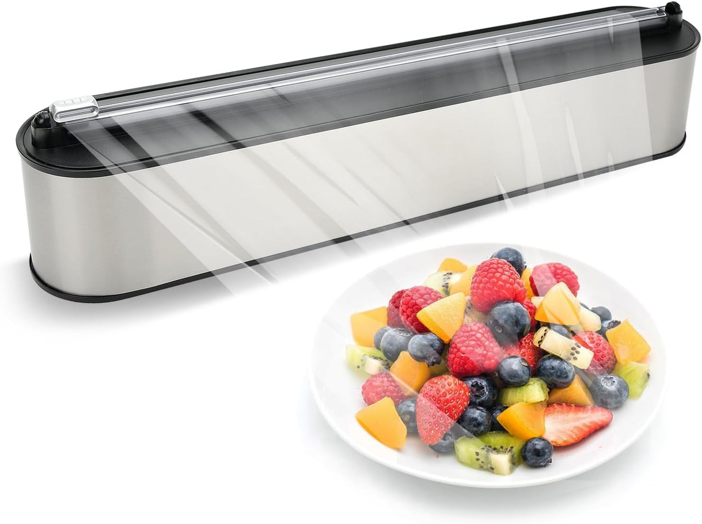 Stainless Steel & Plastic Wrap Dispenser with Cutter, Magnetic No-Drill Wall Mount Aluminum Foil Holder with Slide Cutter, for Cabinets, Space-Saving Kitchen Organizer (Silvery-Stainless Steel)