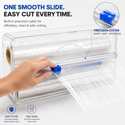 2in1 Plastic Wrap Dispenser with Cutter, Wall Mounted Plastic Wrap Dispenser with 2 Adhesive Hooks, 12 inch Clear Foil Dispenser with Cutter for Foil, Cling Wrap & Wax Paper for Easy Storage