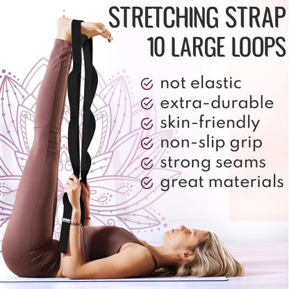 Stretching Strap with 10 Loops for Physical Therapy & Rehab | Non-Elastic Yoga Stretch Band for Hamstring, Leg, Hip & Knee Rehab, Pilates, Flexibility & Mobility Exercises for Men & Women