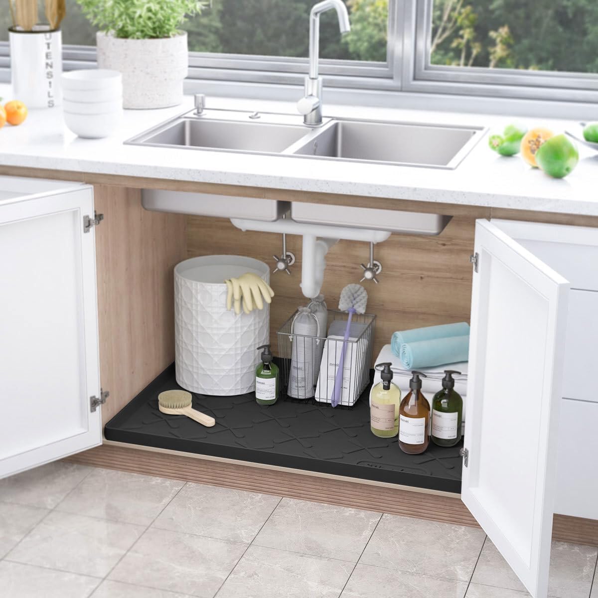Waterproof Under Sink Mat 34" x 22", Silicone Mat Kitchen liner | BPA-Free Silicone Tray with Raised Lip Protect Cabinets from Leaks, Versatile Home Organizer for Bathroom, Pets, Boots, Floor