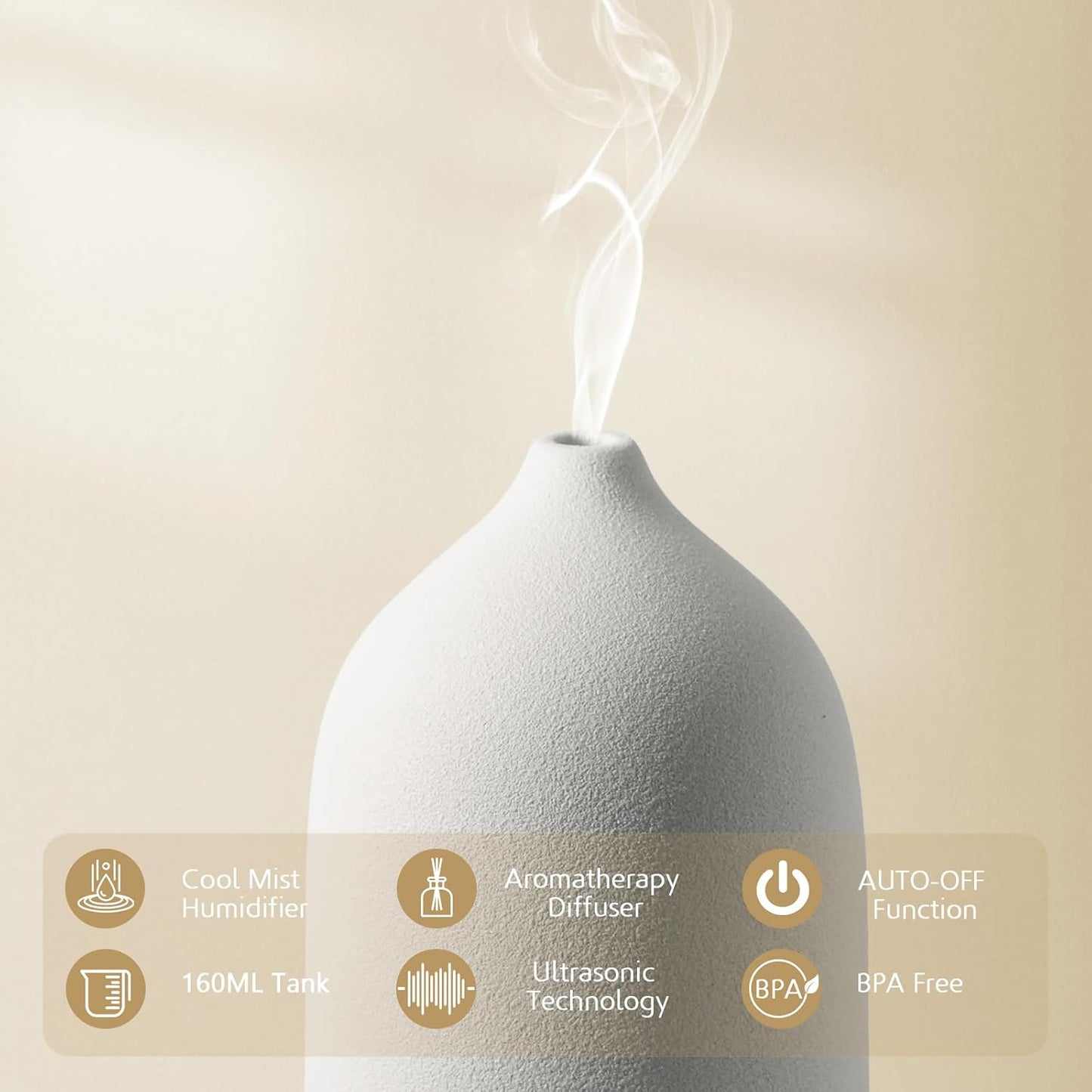 Diffuserlove Ceramic Essential Oil Diffuser 160ML Aromatherapy Diffuser for Home Bedroom Room Cool Mist Humidifier Stone Air Diffusers (Size:6.8" H x 3.6" W)