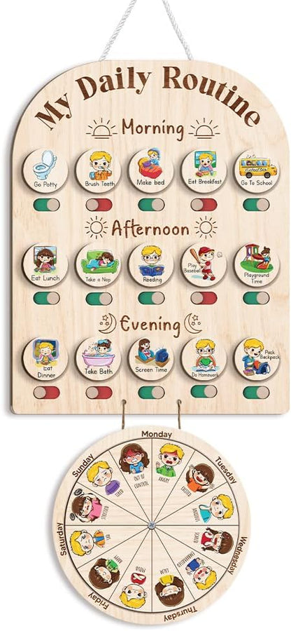 TinyKidz Wooden Daily Routine Chart 11x15, Schedule Board for Kids, Wooden Chore Chart for Kids, Responsibilities Chart for Toddlers, Morning Bedtime Routine for Toddlers