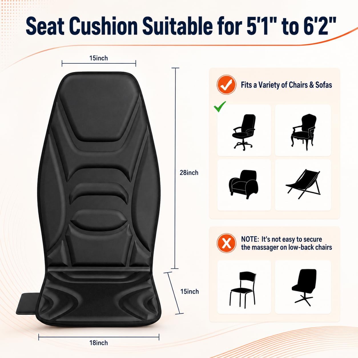 Vibration Massage Seat Cushion with Heat, Back Massager for Chair with 8 Vibration Motors, Heated Massage Cushion for Office Chair, Recliner & Sofa, Full Back & Seat Comfort, Idea Gift for Dad