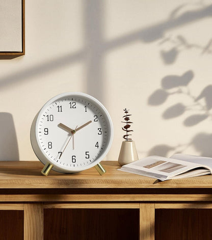 SHISEDECO Alarm Clock with Backlight, 4.5 inches Bedside Analog Non-Ticking Silent Small Deskclock with Arabic Numerals, Battery Operated Round Tableclock for Living Room, Bedroom (White)