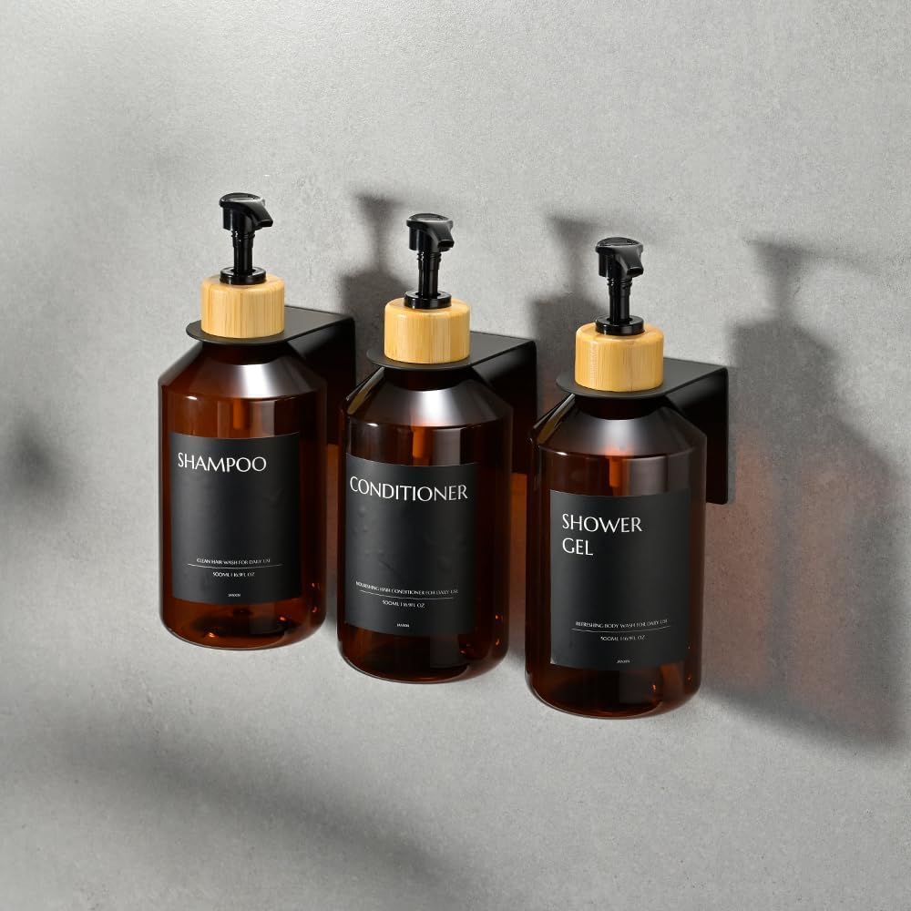Shampoo and Conditioner Dispenser Set of 3 for Wall Mount | 16.9 fl oz Drill Free Shower Soap Bottles,Refillable Body Wash Dispensers for Bathroom Decor (Amber Bottles + Bamboo Pumps)