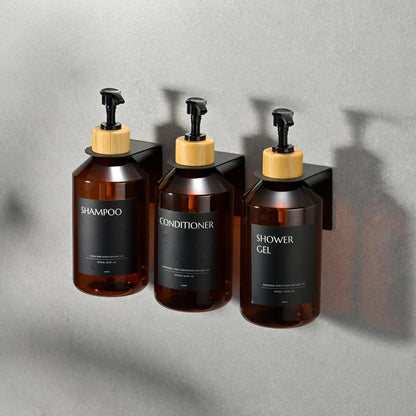 Shampoo and Conditioner Dispenser Set of 3 for Wall Mount | 16.9 fl oz Drill Free Shower Soap Bottles,Refillable Body Wash Dispensers for Bathroom Decor (Amber Bottles + Bamboo Pumps)