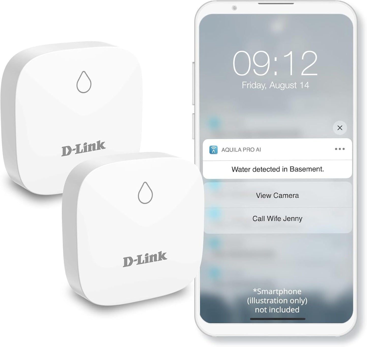 D-Link Next-Gen WiFi Water Leak Detector Starter Kit with 2 sensors—Loud 100 dB Sound Alarm—App Alert—LED Strobe Light—No Hub Required—Works with Google—1000ft Ultra-Long Range—Expandable (SW-A11KT)