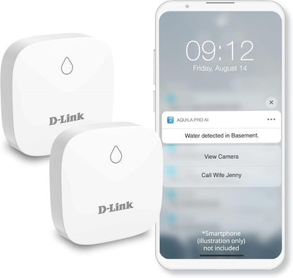 D-Link Next-Gen WiFi Water Leak Detector Starter Kit with 2 sensors—Loud 100 dB Sound Alarm—App Alert—LED Strobe Light—No Hub Required—Works with Google—1000ft Ultra-Long Range—Expandable (SW-A11KT)
