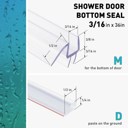 Shower Door Bottom Seal,2 PCS 3/8" x 36" | Shower Door Sweep for 3/8 Inch Glass, Frameless Glass Shower Door Seal Strip, Stop Shower Leaks and Create a Water Barrier