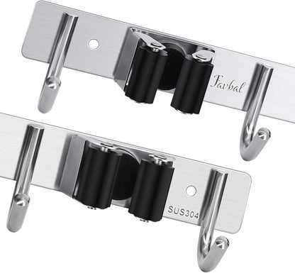 Broom Hanger Wall Mounted, 2PCS Mop and Broom Holder Wall Mount Garage Organization and Storage Stainless Steel Kitchen Tool Organizer Wall Hanger for Laundry Room Garden Garage Closet Kitchen | Stainless Steel Organizer for Garage, Kitchen, Closet &
