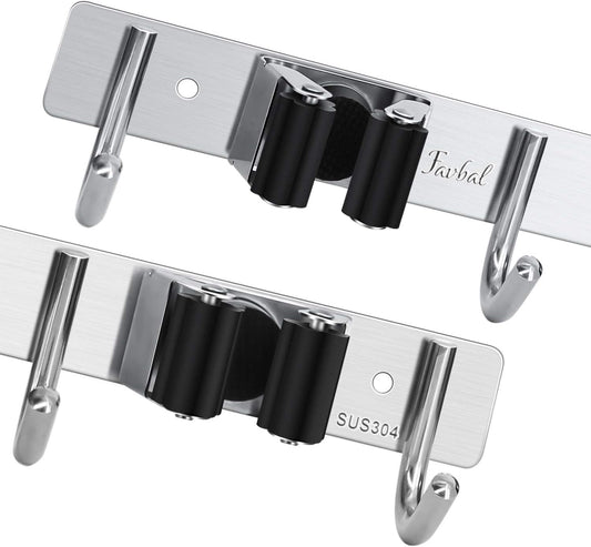 Broom Hanger Wall Mounted, 2PCS Mop and Broom Holder Wall Mount Garage Organization and Storage Stainless Steel Kitchen Tool Organizer Wall Hanger for Laundry Room Garden Garage Closet Kitchen | Stainless Steel Organizer for Garage, Kitchen, Closet &