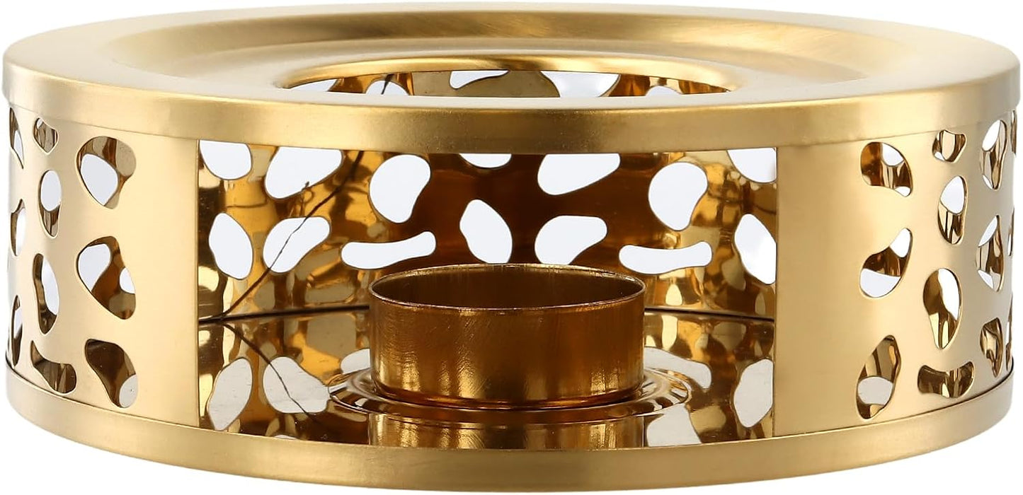 HOIGON 3 PCS Teapot Warmer, Stainless Steel Brushed Tea Pot Warmer Base with Tealight Candle Holder, Teapot Warming Tray, Gold