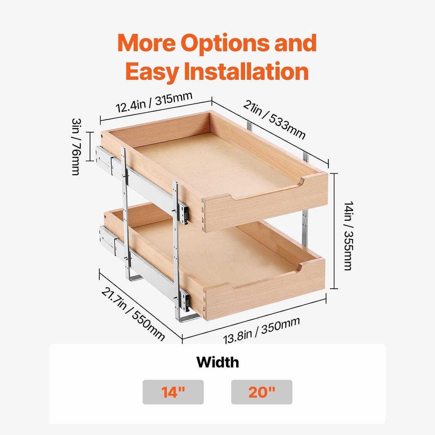VEVOR Pull Out Cabinet Organizer, 14"W x 21"D Cabinet Drawer, Soft Close Slide out Shelf, Heavy-Duty Sliding Wood Drawer, Bottom Mount Size（14.5"W x 23"D）and Side Mount Size（15"W x 23"D） | Heavy-Duty Sliding Shelf with Bottom or Side Mounting for