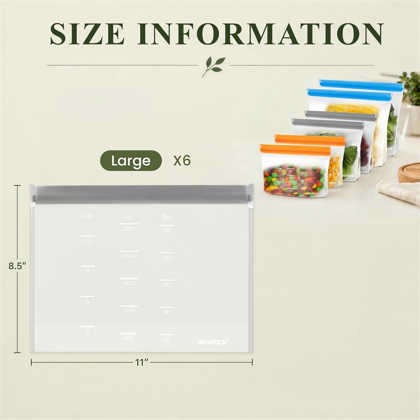 IDEATECH Reusable Bags Dishwasher Safe, BPA Free Reusable Gallon Freezer Bags, Stand Up Leakproof Food Storage Bags for Marinate Meats, Salad Fruit, Vegetables, Home Organization -Gray 6 Large Bags