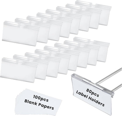 80 Pcs Clear Plastic Bin Labels Clips with 100 Pcs Label Papers Included, Basket Bin Labels Clip On, Wire Shelf Price Tags, Merchandise Sign Display Holder (2.75 × 1.65 Inch)