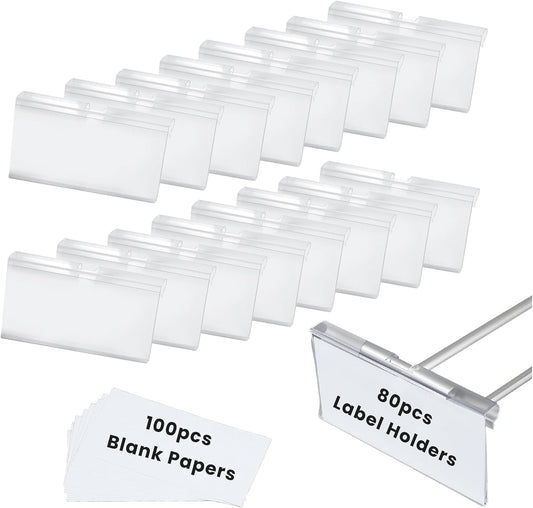 80 Pcs Clear Plastic Bin Labels Clips with 100 Pcs Label Papers Included, Basket Bin Labels Clip On, Wire Shelf Price Tags, Merchandise Sign Display Holder (2.75 × 1.65 Inch)