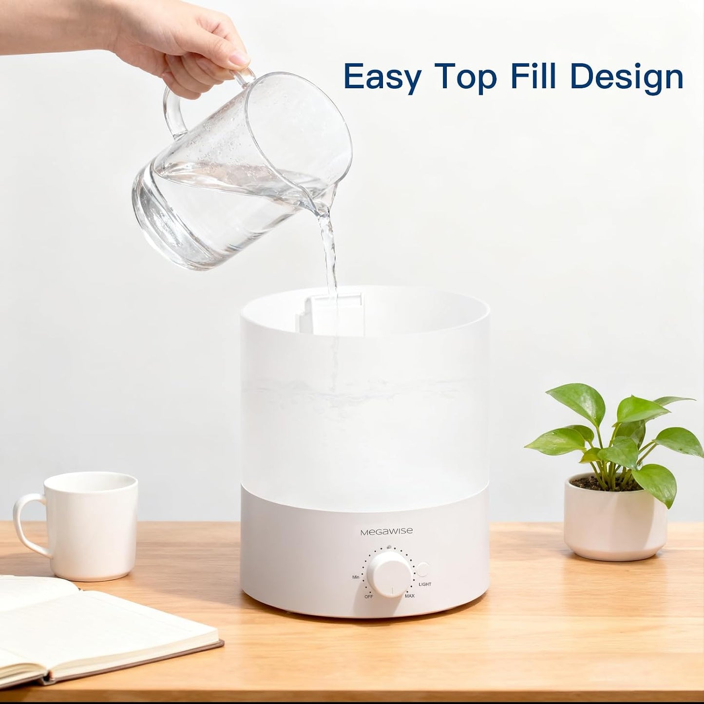 MEGAWISE Sleek 2L Humdifier for Bedroom, Baby,Plant, 24dB Cool Mist Ultrasonic humidifiers, Colorful Night Light, Top-Refill 1 Gal Essential Oil Diffuser, Auto Shut Off