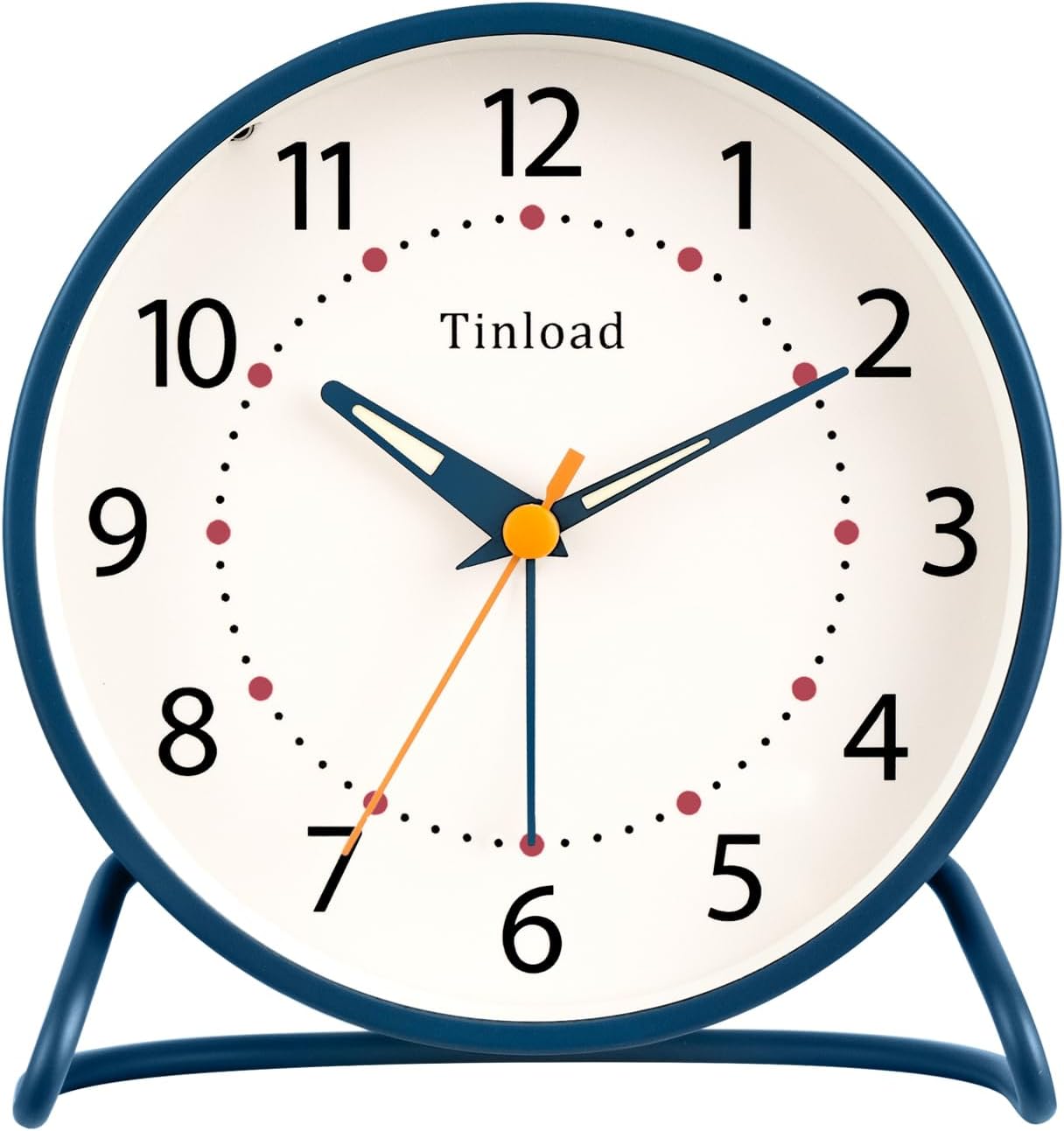 Tinload 4.5" Battery Operated Analog Alarm Clock, Small Silent Bedside Desk Clock with Night Light, Blue