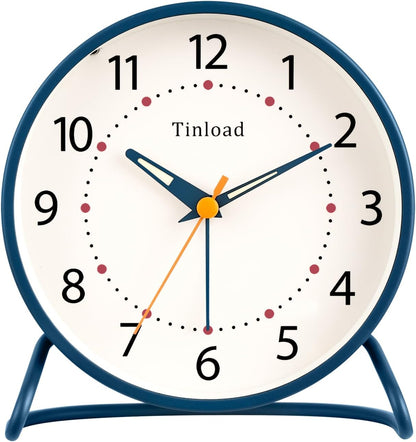 Tinload 4.5" Battery Operated Analog Alarm Clock, Small Silent Bedside Desk Clock with Night Light, Blue