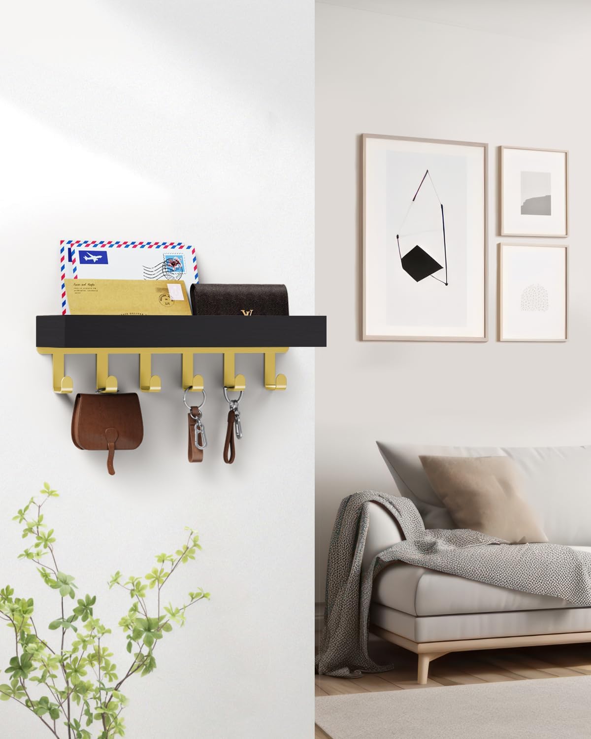 Key Holder Wall Mount Magnetic Adhesive, Key Hooks Rack with Shelf | Key Hanger with Mail Organizer for RV Camper Fridge Living Room Decor, Home Essentials, Black