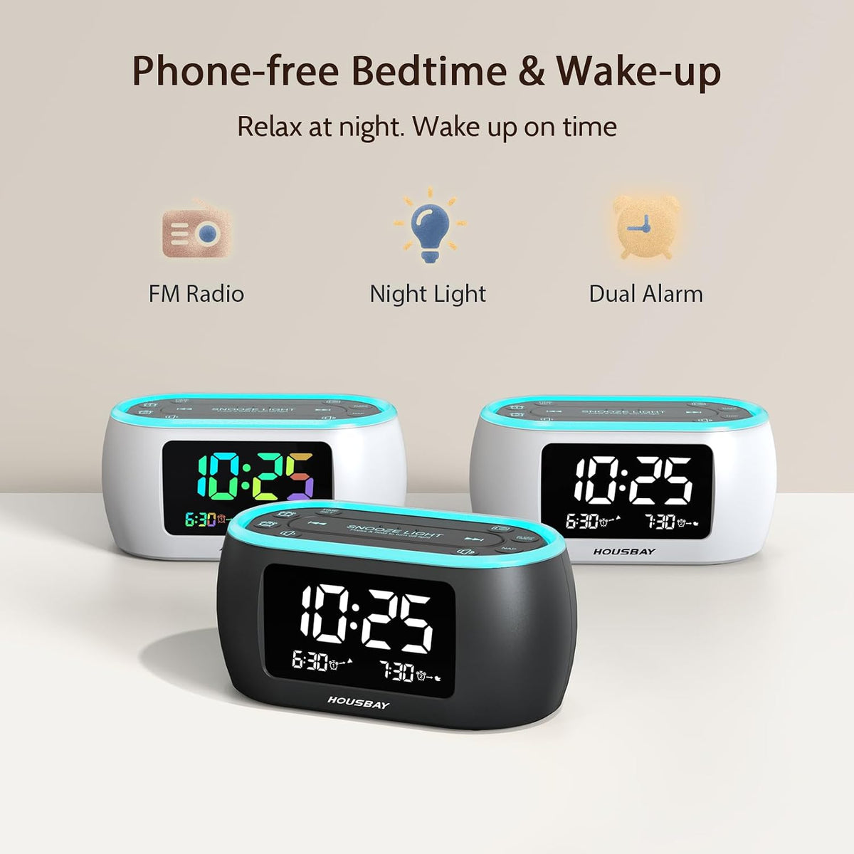 HOUSBAY Digital Alarm Clock Radio for Bedrooms with Night Light