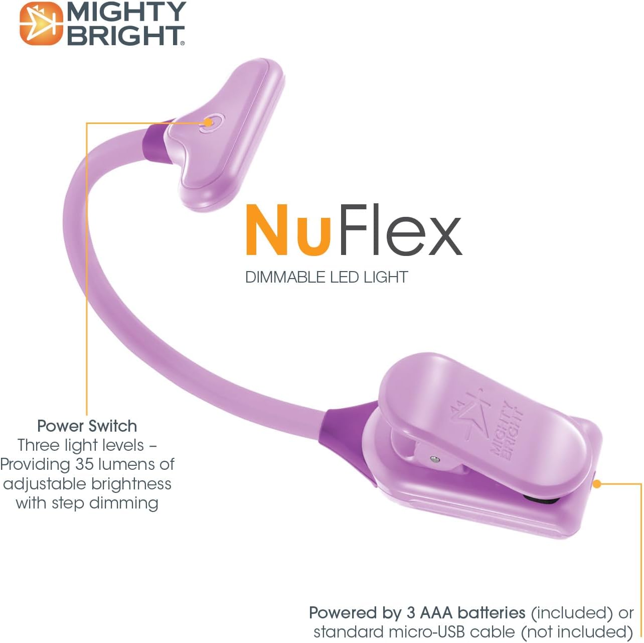 Mighty Bright The Original NuFlex Book Light, Battery-Powered, Warm Eye Care LEDs, Flexible, Durable, Dimmable, Clip-On Reading Light, Read in Bed, Use Batteries or Micro USB (Lavender)