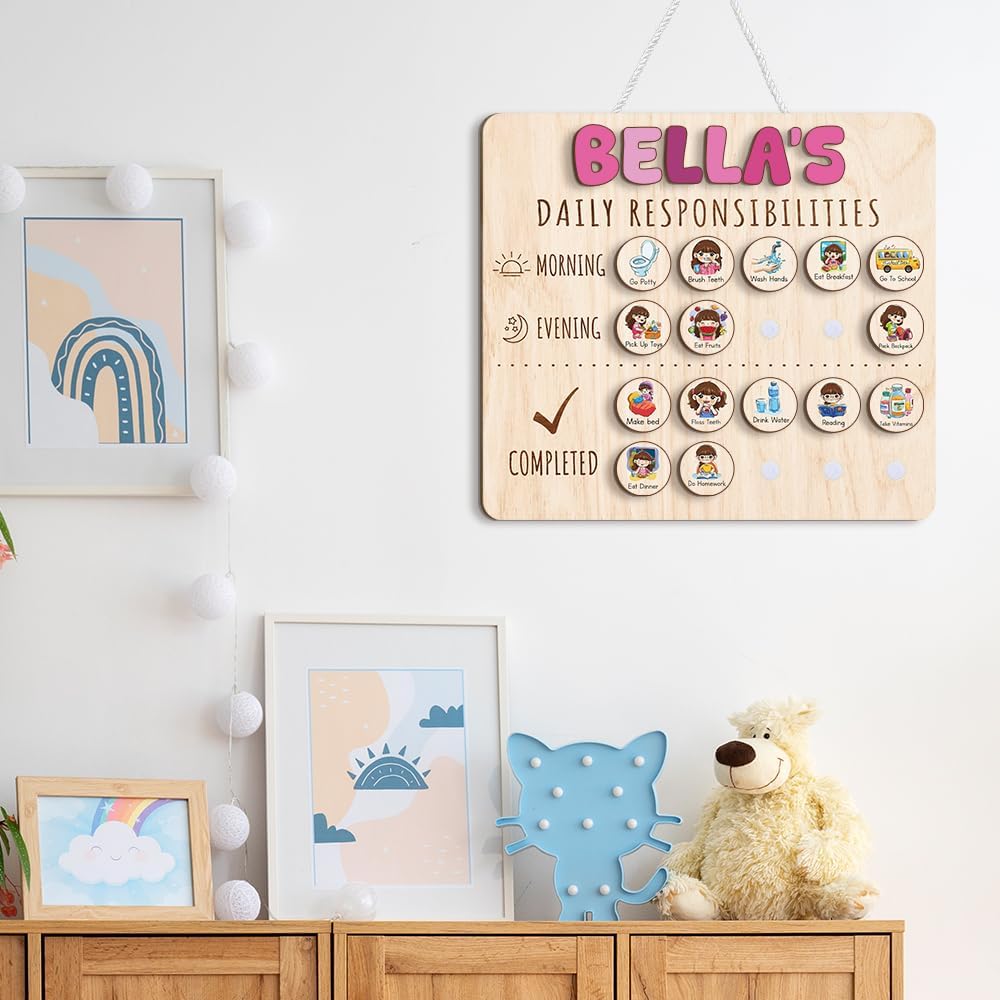 Daily Routine Chart for Kids, Visual Schedule, Routine Chart for Toddlers 3-5, Morning Bedtime Routine Chart for Toddlers, Wooden Chore Chart for Kids
